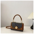 Retro shoulder bag with embossed cloud pattern, brown leather trim and floral buckle - Black and Brown
