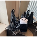 Large black glossy PU leather tote bag with lace-up detail and star charm pendant - Black (With Pendant)