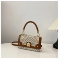 Retro jacquard crossbody bag with blue wave pattern and brown leather trim features - Khaki & Brown