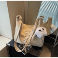 Beige faux leather shoulder bag with drawstring detail and cute plush pendant charm - Rice White (With Pendant)
