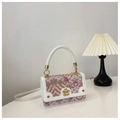 Embroidered floral pattern crossbody bag with white handles and gold metal clasp - White and Pink