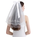 Broderie détaillée du texte bride to be avec perles sur voile de mariée blanc double couche - Style Nœud Perle Bordé (TS010) / Blanc
