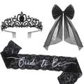 Gothic black bridal accessory set with rhinestone tiara, lace sash, and mesh hair bow - Embroidered Bow Accessory Bundle (Style 2)