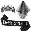 Gothic ghost bride set with black gemstone crown, mesh veil and Bride or Die satin sash - Ghost Bride Accessory Bundle (Style 1)