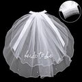 Velo de novia blanco de dos capas con perlas, lazo y bordado 'bride to be' para despedida - Estilo de Perlas con Dobladillo de Doble Capa / Menos de 60cm / Blanco