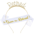 Retired Queen gold tiara and white sash set with rhinestones for retirement party decor - Gold Style