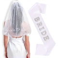 White bridal pearl veil and rhinestone bride sash set for bachelorette party outfit - AB Rainbow Rhinestone Style