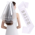 Kit de voile Bride to Be avec nœud et écharpe Bride en perles pour enterrement de vie - Taille unique / Voile Perlé Brodé + Écharpe À Lettres Perlées