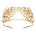 Golden laurel leaf bridal headband crown with elegant white pearls for weddings - Gold Headband (FG253)