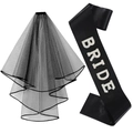 Ensemble écharpe de mariée gothique noire et voile double couche avec perles Bride - Combinaison Voile Et Écharpe / Noir (Décoration en Strass Blanc)