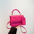 Hot pink quilted tote bag with FASHION embossed texture and matching mini coin purse - Rose Red