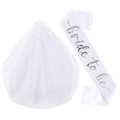 White bridal veil with rhinestones and silver Bride to be satin sash set for party - One Size / Rhinestone Veil + Silver Stamping Sash
