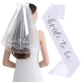 Écharpe Bride to Be et voile de perles double couche avec nœud pour enterrement de vie - Taille unique / Voile Perlé Brodé + Écharpe Argentée À Bords Festonnés