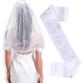 White bridal sash and pearl-embellished veil set for bachelorette party outfit - White Silver Rhinestone Style