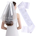 Voile de mariée blanc avec nœud et perles avec ensemble d'écharpe en satin Bride To Be - Taille unique / Voile Perles Brodé et Écharpe en Strass (JD090)