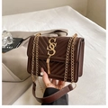 Quilted dark brown crossbody bag with gold logo and elegant chain strap detail - Coffee