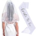 White Bride to Be sash and double-layer pearl veil set for bachelorette parties - Wavy Edge Silver Letter Style