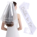 White bridal accessory set with pearl embroidered veil and Bride to Be satin sash - One Size / Embroidered Pearl Veil + Silver Glitter Sash