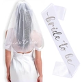 White pearl bridal veil and silver bride to be sash set for bachelorette party - White Base Silver Letter Style