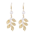 Golden leaf drop earrings with white pearls and detailed metal texture on hooks - Gold Drop Earrings (SYEH002)