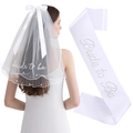 White bridal shower set with pearl bow veil and rhinestone bride to be sash - One Size / Embroidered Pearl Veil and Rhinestone Sash (ID187)
