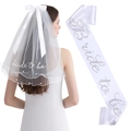 White bridal shower set featuring pearl bow veil and rhinestone bride to be sash - One Size / Embroidered Pearl Veil and Rhinestone Sash (JD113)