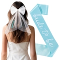 Nœud en organza blanc avec perles et ensemble écharpe Bride to Be bleu clair pour mariée - Nœud Brodé Bleu Deux Pièces