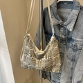Bolso tote de lona a rayas verdes con etiqueta de moda y correa de hombro blanca - Caqui