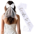 White bridal bow hairclip with pearls and bride to be sash set for bachelorette parties - Embroidered Bow + Silver Foil Sash