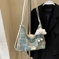 Green and white striped canvas tote bag with a white leather strap and plush cloud charm - Green With Pendant