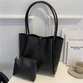 Conjunto de bolso tote minimalista de cuero negro mate y neceser con cremallera - Juego de bolsos de hombro / Negro