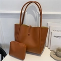 Conjunto de bolso tote minimalista de cuero marrón con estuche a juego y correas finas - Juego de bolsos de hombro / Tostado