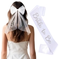 White bridal mesh bow hairclip with pearls and Bride to Be satin sash set - Embroidered Bow + Silver Glitter Sash