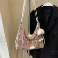Brown striped canvas tote bag with dual straps and cute cloud plush pendant accessory - Burgundy With Pendant