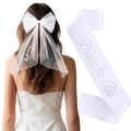 White bridal bow hair clip with veil and Bride to Be rhinestone satin sash set - Embroidery Bow And Hot-fix Bride Rhinestone Sash