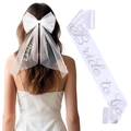 White tulle bow veil with pearls and satin Bride To Be sash for bachelorette party - Embroidery Bow And Bride Artificial Pearl Sash