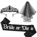 Gothic black bridal set with baroque gemstone crown, mesh veil, and Bride or Die sash - Ghost Bride Accessory Bundle (Style 2)