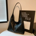 Minimalist black faux leather tote bag with vintage texture and long shoulder straps - Black