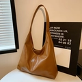 Minimalist brown hobo tote bag in litchi textured PU leather for women - Brown