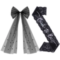 Black bride to be bachelorette party set with pearl veil and lace sash for ghoulish bride - One Size / Bride to Be Bow and Sash Set