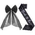Gothic black bride to be bachelorette party set with lace sash and beaded bow veil - One Size / Bride to Be Printed Bow and Sash Set