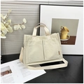 Bolso tote retro de pana crema con gran capacidad, bolsillos dobles y correas de hombro - Blanco Roto