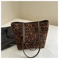Vintage large tote bag featuring brown leopard print canvas with dark brown leather straps - Brown