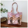 Retro tote tas met denimlook in vuilroze en bruin met dubbele lange hengsels - Roze
