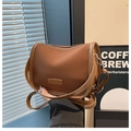 Detail shot of brown PU leather crossbody bag with FASHION logo and silver zipper - Brown No Pendant