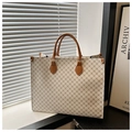 Détail du sac cabas vintage avec lanières en cuir beige et motifs géométriques - Motif Géométrique Blanc