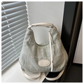 Detail of light green woven tote bag featuring white leather handles and fashion tag - No Pendant / Green