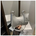 Silver metallic shoulder bag with bow detail and matching small pouch set - Silver