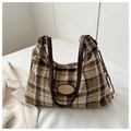 Retro-Tote-Bag aus Tweed mit Karomuster, braunen Ledergriffen und Goldkette - Khaki