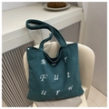 Dark green corduroy tote bag with white letter embroidery and wide shoulder straps - Dark Green